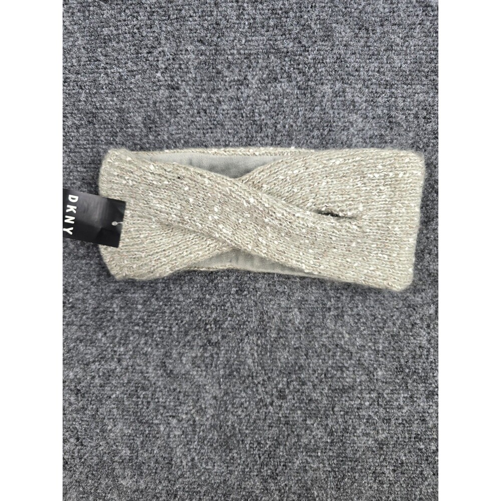 DKNY Fleece-Lined Headband Twist Metallic Knit Grey Ear Warmer for Winter